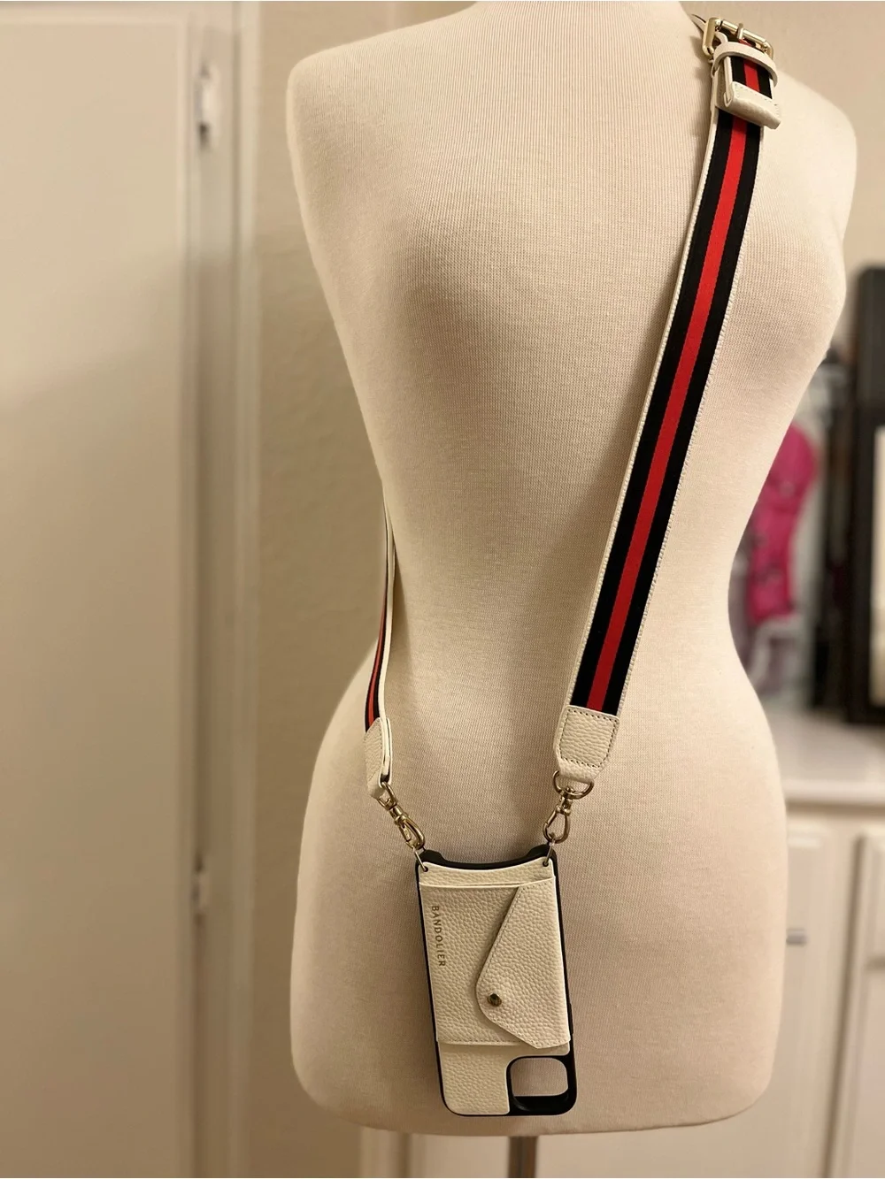 Bandolier White Phone Crossbody with Red & Black Stripe Strap